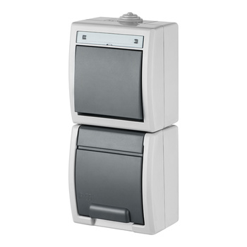 Łącznik schodowy + gniazdo hermetyczne pojedyncze szary  IP55 AQUANT 1256-10
