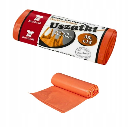 Worki na śmieci z uszami super mocne pomarańczowe 35L 15szt KUCHCIK