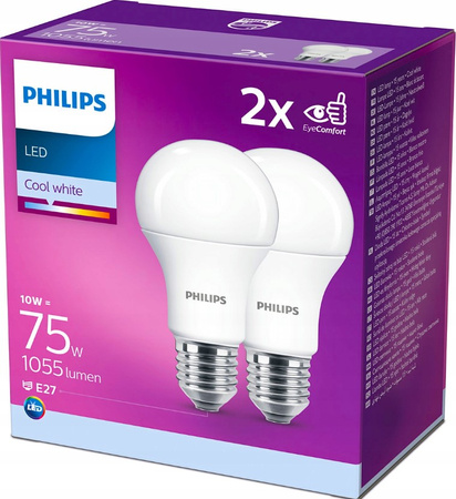 Żarówka LED 10W = 75W 1055lm 4000K E27  A60 2-pack Philips 929001234822
