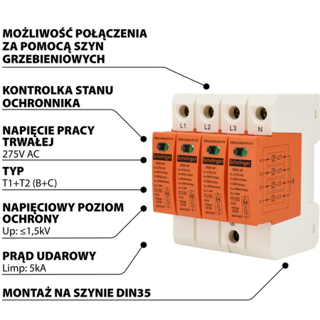 Ogranicznik przepięć 4P 5kA klasa T1+T2 (B+C) SCHELINGER A51-SPD01-4P-B+C