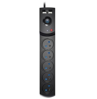 Listwa zasilająca przeciwprzepięciowa 5-gniazd + 2 x USB 1,5m czarna 10A 2300W W-100043