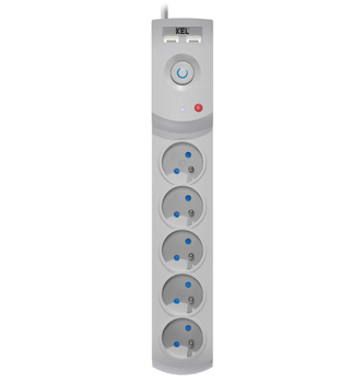 Przedłużacz przeciwprzepięciowy 5-gniazd + 2 x USB 1,5m szara 10A 2300W Plastrol W-100040