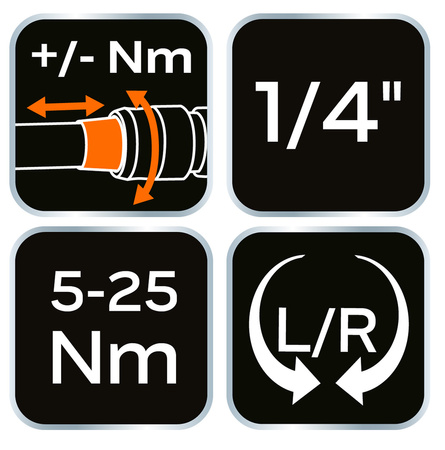 Klucz dynamometryczny dwukierunkowy 1/4 cala 5-25Nm zestaw 21szt. NEO 08-821