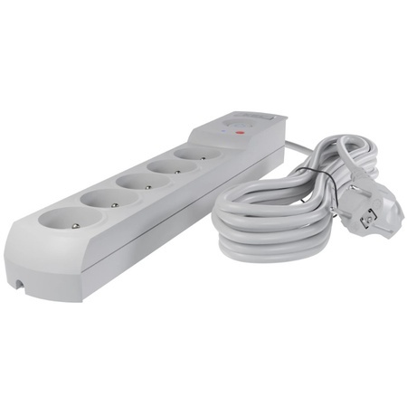 Przedłużacz  przeciwprzepięciowy 5-gniazd 5m szary 10A 2300W Plastrol W-100036