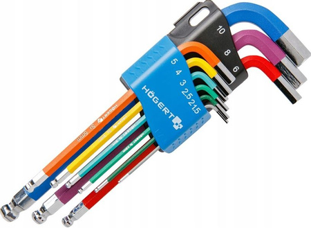 Zestaw kluczy sześciokątnych długie kodowane 9 szt.Hogert HT1W806