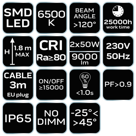 Oprawa warsztatowa na statywie 2x 50W LED 9000lm 1.8m NEO 99-062