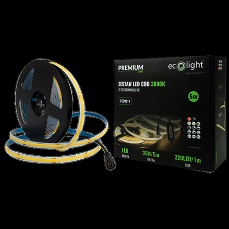 Taśma LED COB ze Sterownikiem RF Zasilaczem 24V 3000K IP20 5m Eco Light EC20811