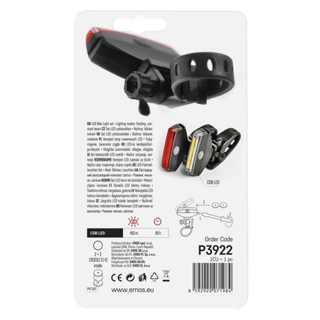 Lampa rowerowa LED COB komplet przód + tył 22 lm 2 x CR2033 EMOS P3922
