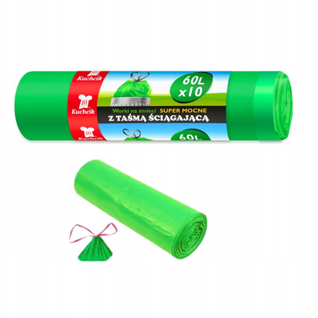 Worki na śmieci z taśmą wiązane mocne zielone 60L 10 sztuk Kuchcik 2852

