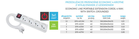 Przedłużacz z uziemieniem i wyłącznikiem biały 4-gniazda z/u 3m OMY 3x1 Elgotech EPS-403W