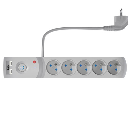 Przedłużacz przeciwprzepięciowy 5-gniazd + 2 x USB 3m szary 10A 2300W Plastrol W-100041