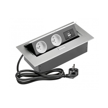 Gniazdo meblowe wpuszczane 2-gniazda z/u 2xUSB aluminium GTV AE-PBU2GU-53
