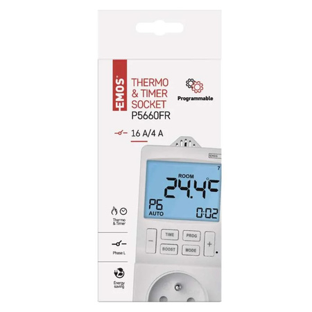 Termostat gniazdkowy z funkcją timera cyfrowego 2w1 biały P5660FR Emos
