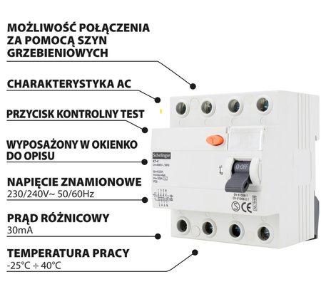 Wyłącznik różnicowoprądowy AC 4P 63A 30mA  SCHELINGER A03-K7-4-63-030