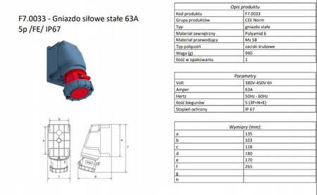 Gniazdo siłowe stałe 63A 5p IP65 F-elektro F7.0033