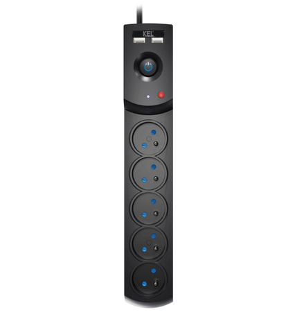 Listwa zasilająca przeciwprzepięciowa 5-gniazd + 2 x USB 1,5m czarna 10A 2300W W-100043