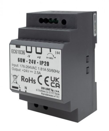Zasilacz na szynę DIN 60W 24V IP20 PREMIUM Eco Light EC61036