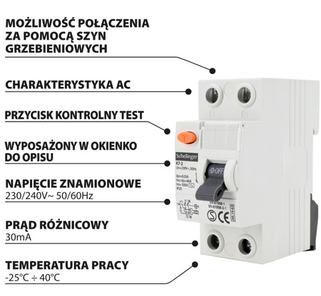 Wyłącznik różnicowoprądowy 2P 25A 30mA AC SCHELINGER  A03-K7-2-25-030
