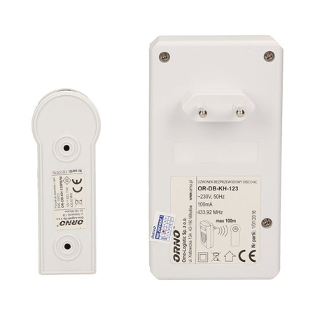Dzwonek bezprzewodowy biały DISCO AC system 1-dźwięk 80m Orno OR-DB-KH-123