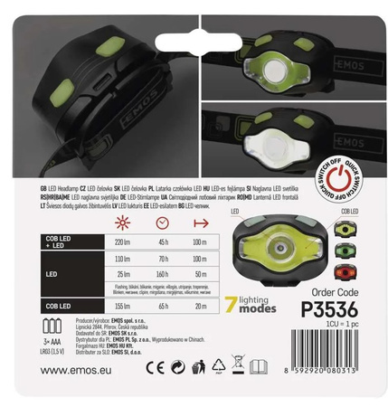Latarka czołowa LED 3W 220lm 100m bateryjna 3xAAA Emos P3536