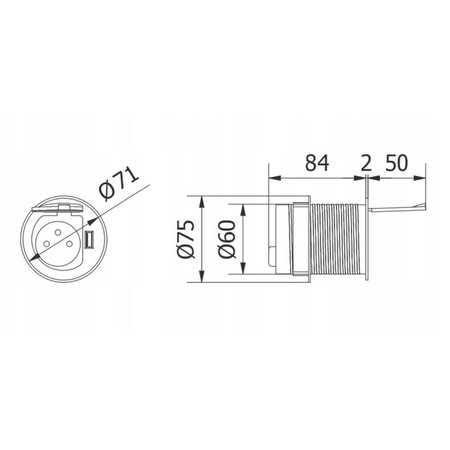Gniazdo meblowe wpuszczane 1-gniazdo z/u 1xUSB 2,4A aluminium GTV AE-BPW1U1UCH-53 